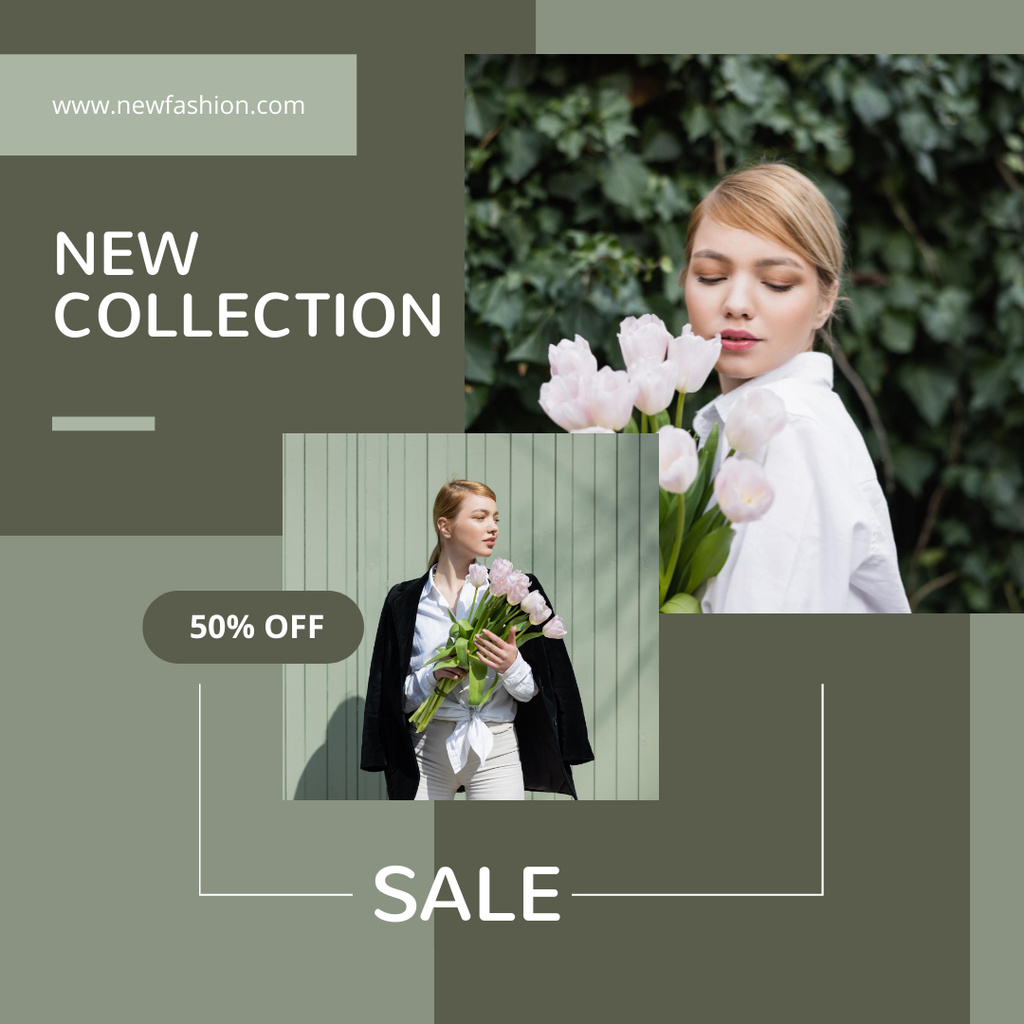Szablon projektu New Collection Announcement with Attractive Woman with Flowers Instagram