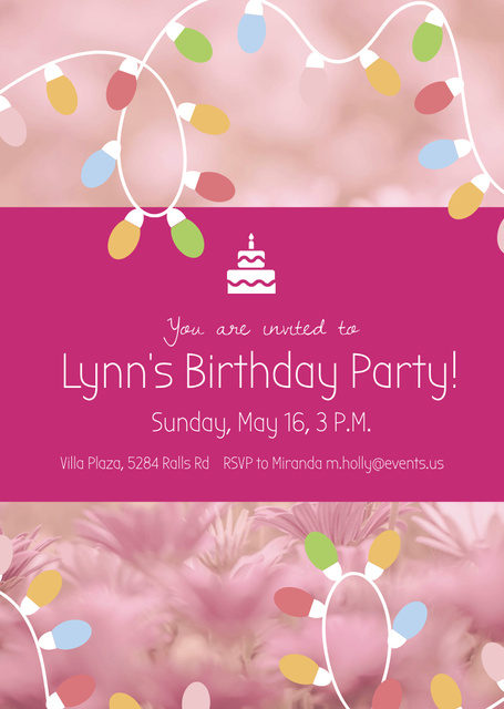 Birthday Party Invitation with Colorful Lights on Pink Flyer A6 Modelo de Design