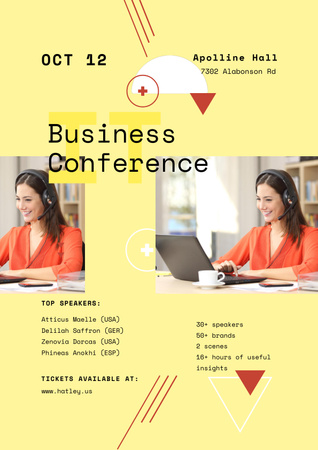 Business Conference Announcement with Laptop in Yellow Poster Modelo de Design
