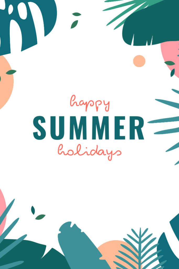 Happy Summer Greeting with Bright Leaves Postcard 4x6in Vertical Design Template