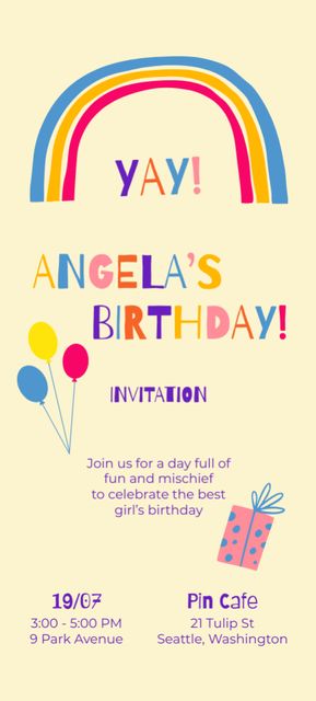 Birthday Party Announcement with Bright Cartoon Rainbow Invitation 9.5x21cm – шаблон для дизайна