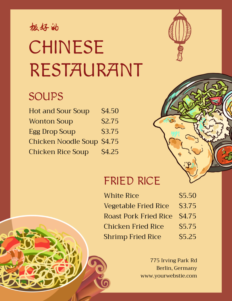 Chinese Restaurant Offers Variety of Dishes Menu 8.5x11in tervezősablon