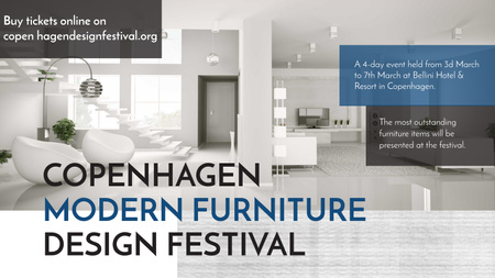 Anúncio do Festival de móveis com interior moderno e elegante em branco Title 1680x945px Modelo de Design