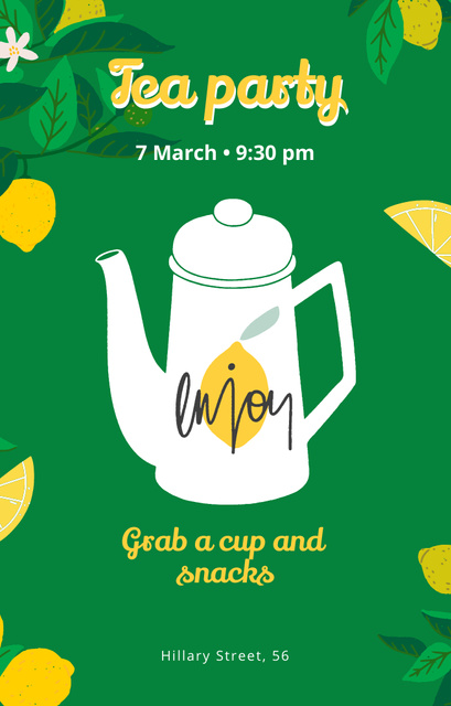 Announcement of Lemon Tea Party With Teapot And Slogan In Green Invitation 4.6x7.2in Design Template