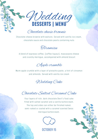 Template di design Elenco dei dessert di nozze su acquerello blu Menu