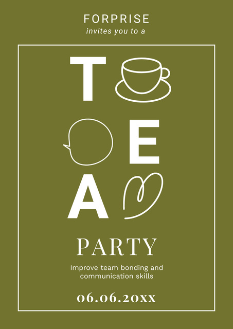 Tea Party Announcement with Cups Illustration Poster Design Template