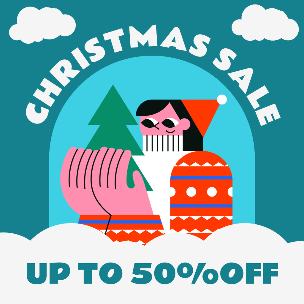 Designvorlage Sale Announcement with Cartoon Woman and Christmas Tree für Instagram