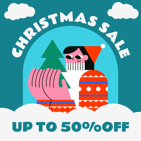 Sale Announcement with Cartoon Woman and Christmas Tree Instagram Design Template