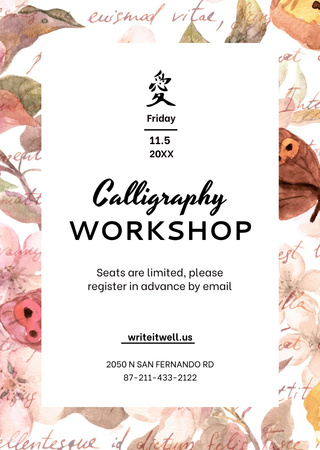Calligraphy Workshop Announcement With Watercolor Postcard A6 Vertical Design Template