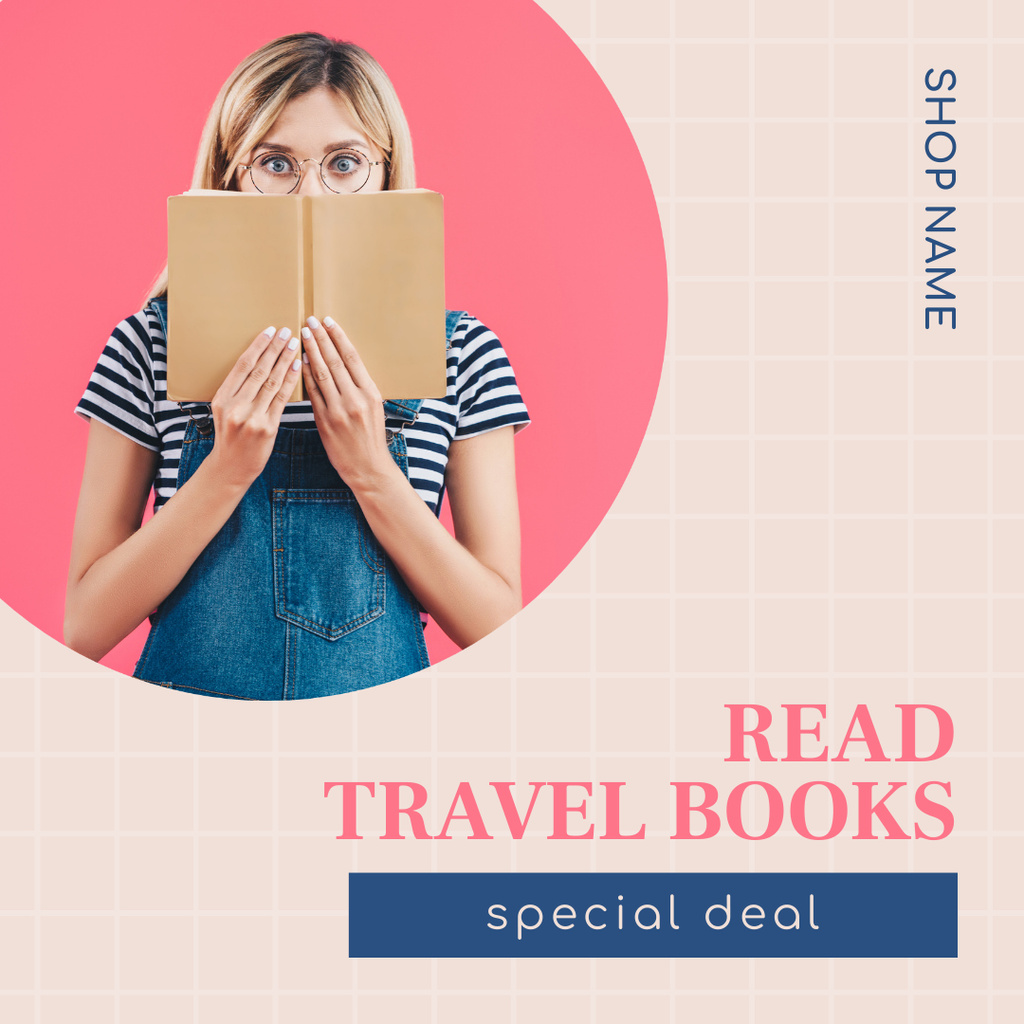 Travel Books Sale Ad with Woman Excited by Story Instagram tervezősablon