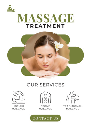 Massage Treatments Advertisement with Young Woman Flayer tervezősablon