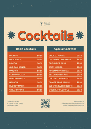 Ontwerpsjabloon van Menu van Cocktails prijslijst in retrostijl