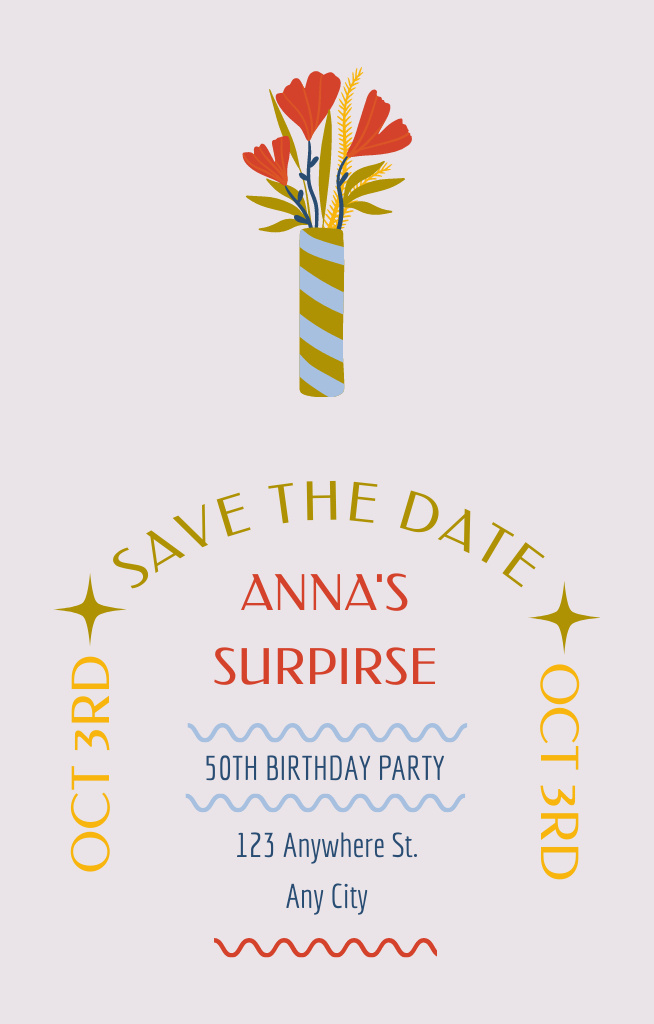Surprise Birthday Party Invitation 4.6x7.2in Modelo de Design