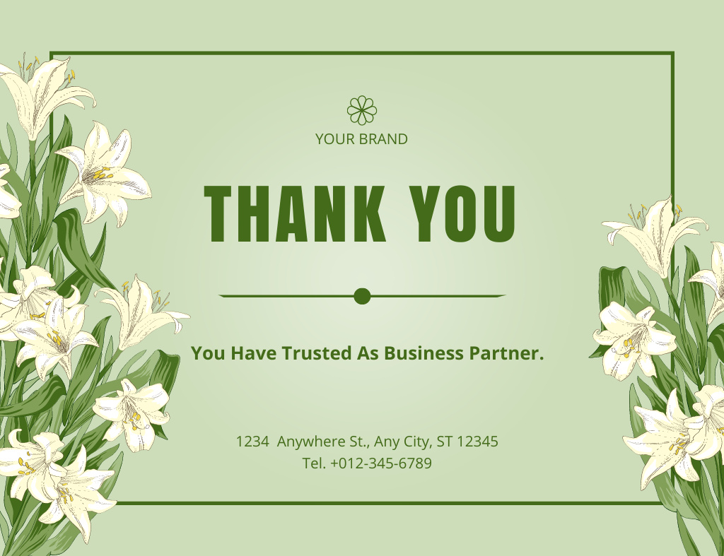 Plantilla de diseño de Thank You Notification with White Lilies on Green Thank You Card 5.5x4in Horizontal 