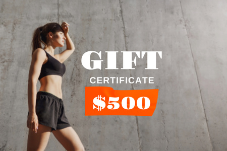 Plantilla de diseño de Promoción Fitness con Mujer Deportiva Gift Certificate 