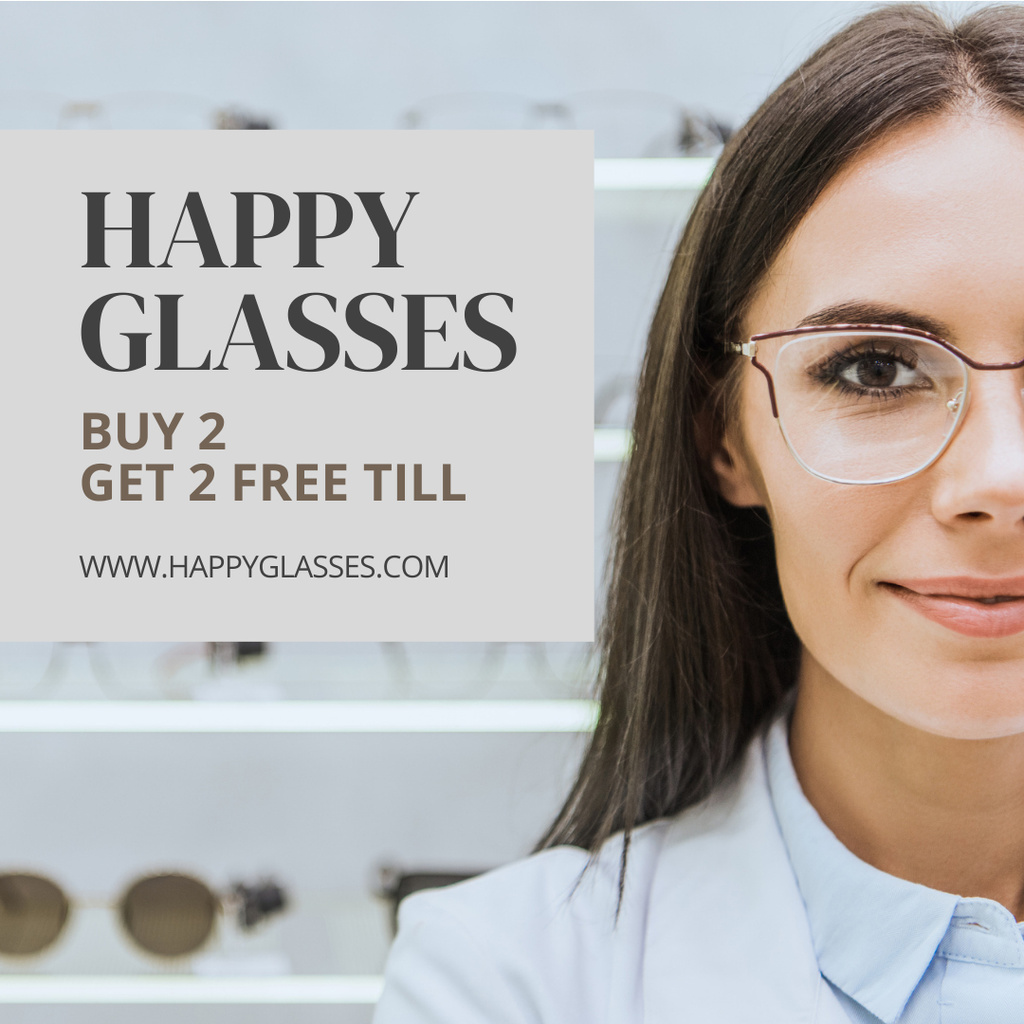 Glasses Store Ad with Friendly Woman Instagram Šablona návrhu