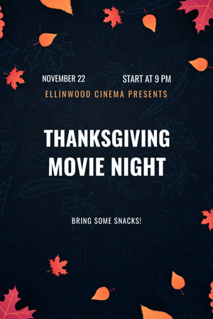 Thanksgiving Movie Night on Orange Autumn Leaves Flyer 4x6in Design Template