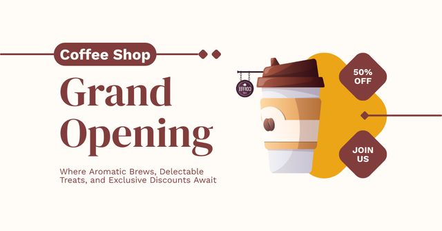 Ontwerpsjabloon van Facebook AD van Coffee Shop Grand Opening With Coffee Drink At Half Price