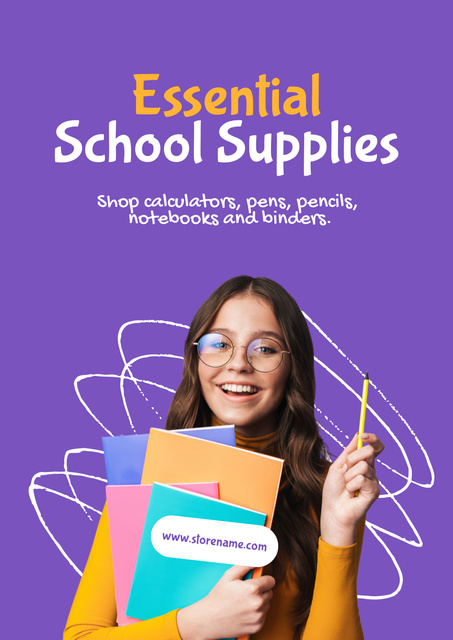 School Supplies Offer with Happy Girl Poster Modelo de Design