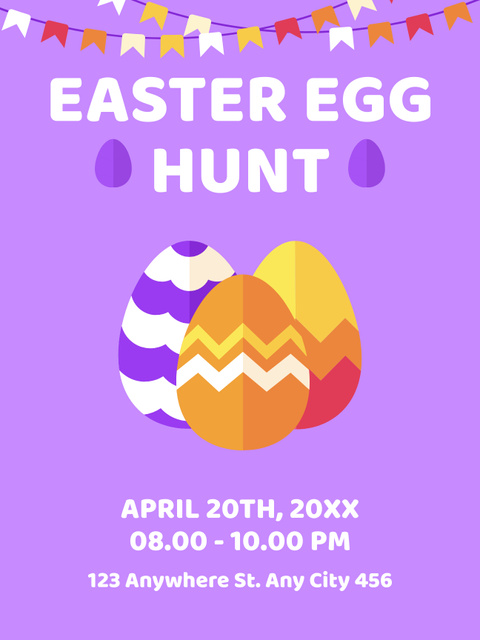 Easter Egg Hunt Announcement with Colored Eggs on Purple Poster US Πρότυπο σχεδίασης