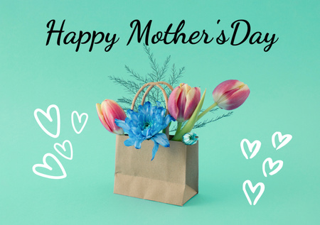 Ontwerpsjabloon van Postcard A5 van Mother's Day Greeting With Flowers In Bag