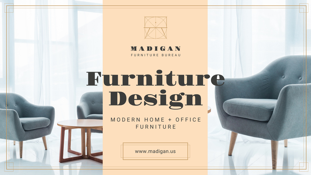 Furniture Design Studio Ad with Armchairs in Grey Presentation Wideデザインテンプレート