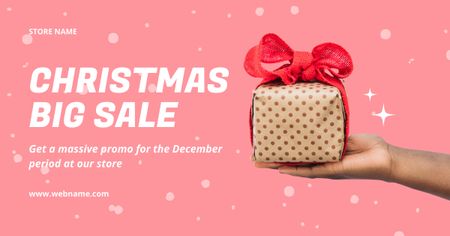 Christmas Sale Ad with Gift Box with Red Ribbon Bow Facebook AD Design Template