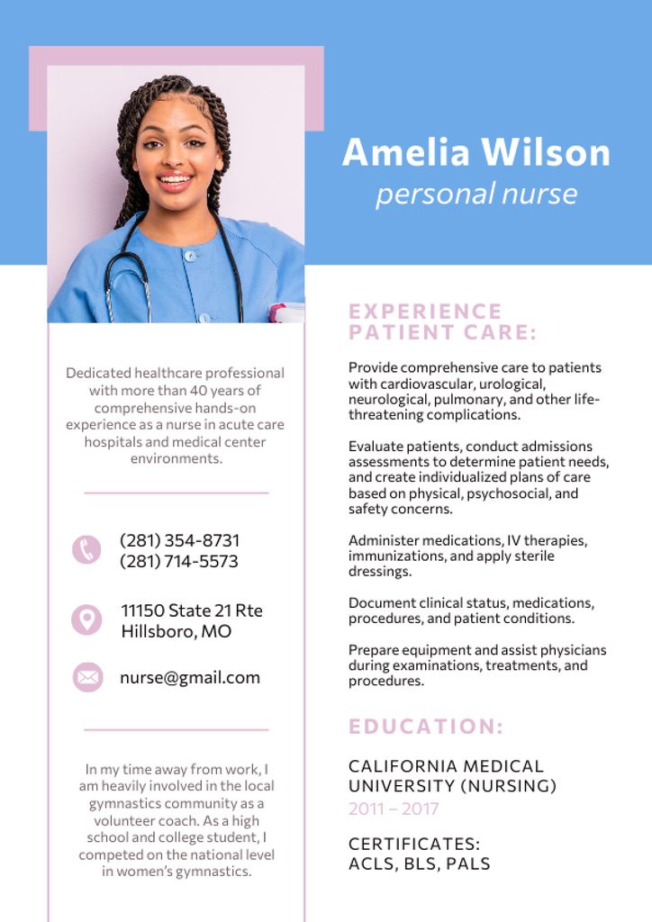 Personal Nurse Skills and Experience Resume tervezősablon