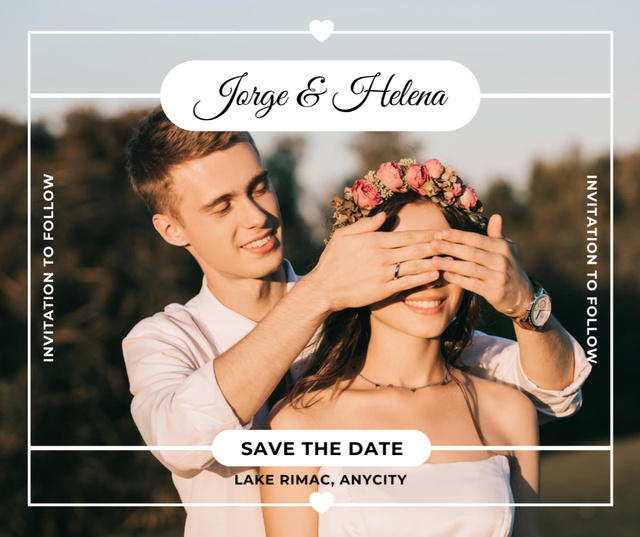 Wedding Invitation with Cheerful Young Couple Facebook Modelo de Design