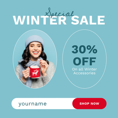 Winter Sale Ad with Happy Young Woman Instagram tervezősablon