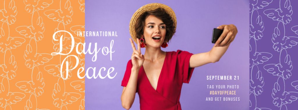 International Day of Peace Happy Woman Taking Selfie Facebook cover – шаблон для дизайна