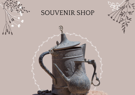 Souvenir Shop Ad with Vintage Kitchenware Postcard A5 – шаблон для дизайну