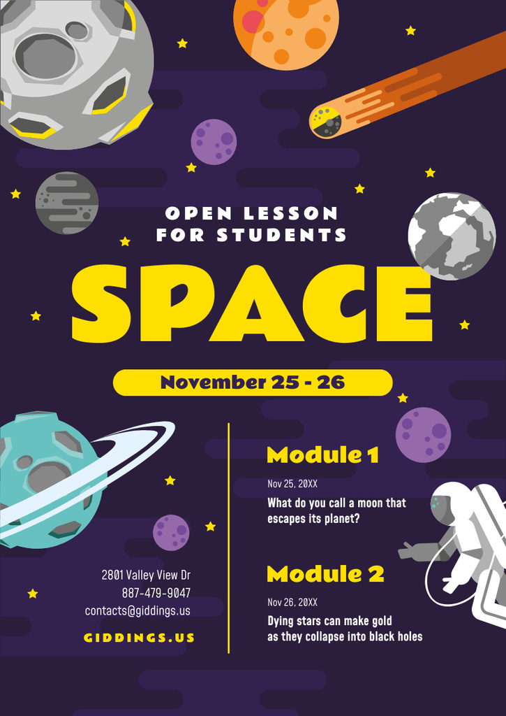 Space Lesson Announcement with Astronaut among Planets Poster A3 Šablona návrhu