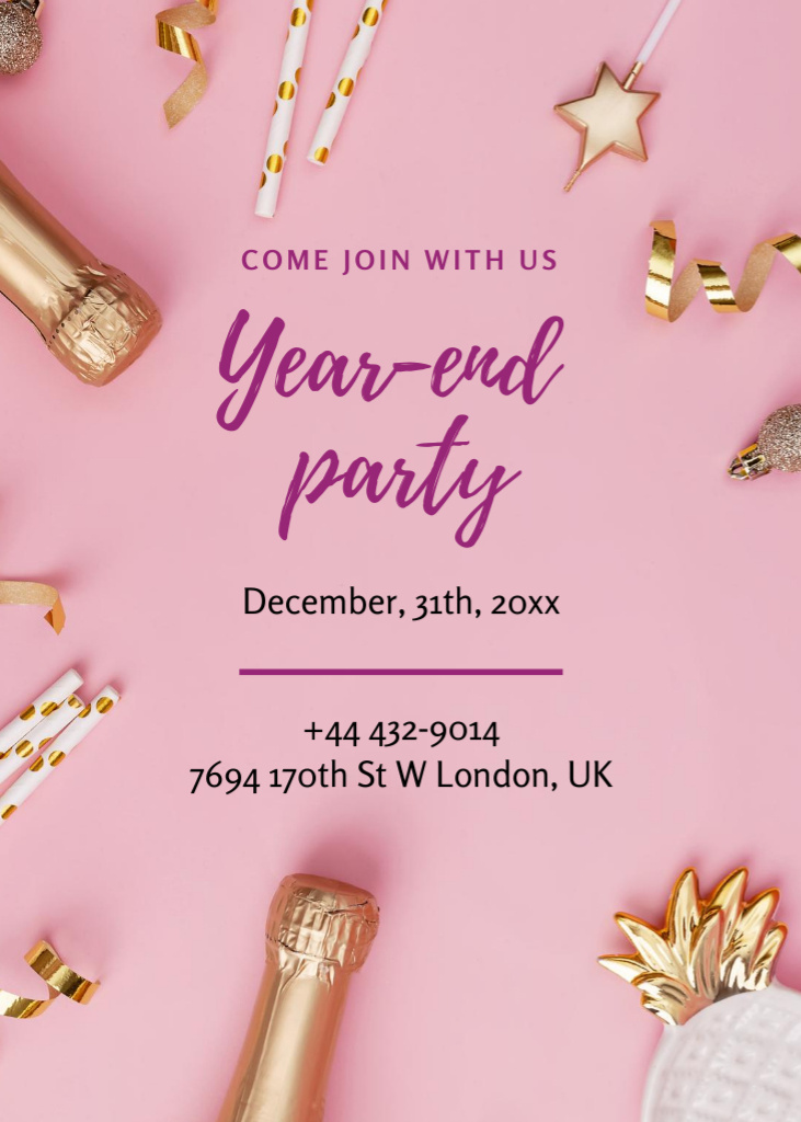 Ad of New Year Party With Golden Decor in Pink Invitation Design Template