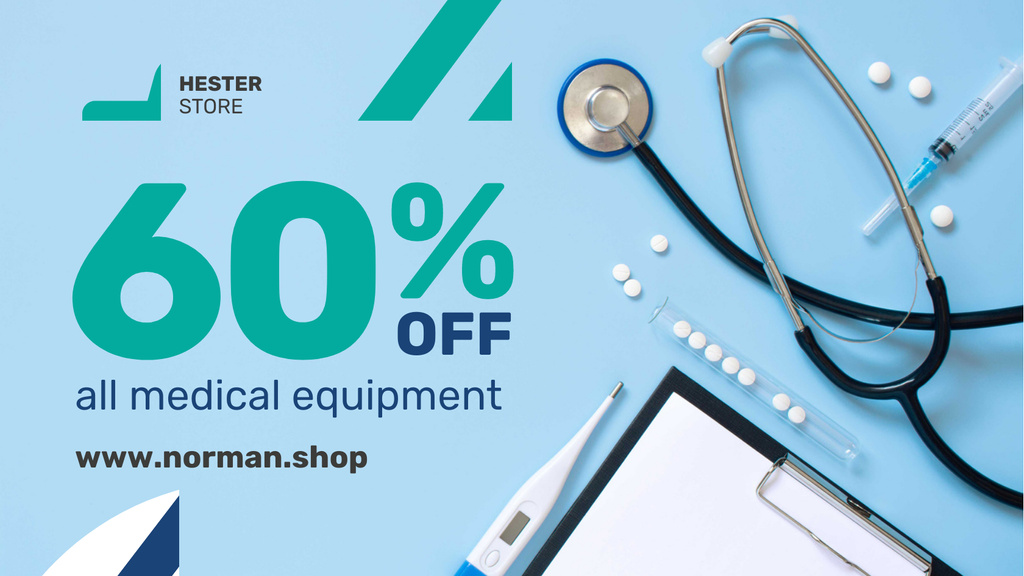 Template di design Medical Equipment Offer Pills and Instruments on Blue Title 1680x945px