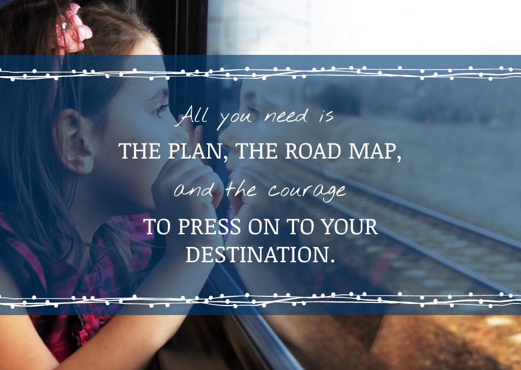 Motivational travel Quote with Little Girl on Train Postcard Design Template