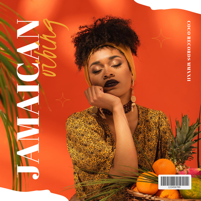Beautiful Young Woman Relaxing near Fruits Album Cover Design Template