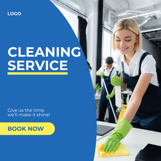 Cleaning Services Ad with Girl in Green Gloves  Instagram AD tervezősablon