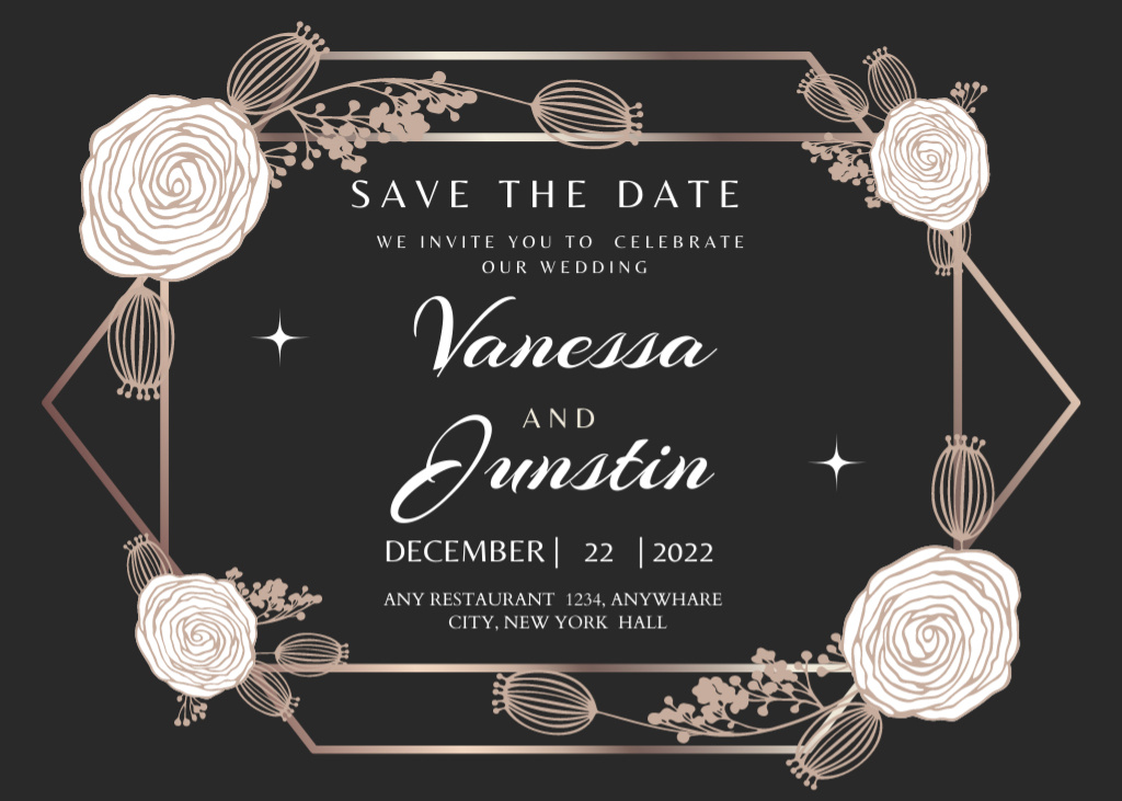 Designvorlage Wedding Event Announcement With White Flowers In Black für Postcard 5x7in
