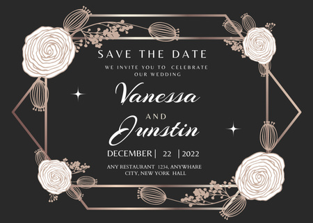 Wedding Invitation with Flowers in Black Postcard 5x7in Modelo de Design