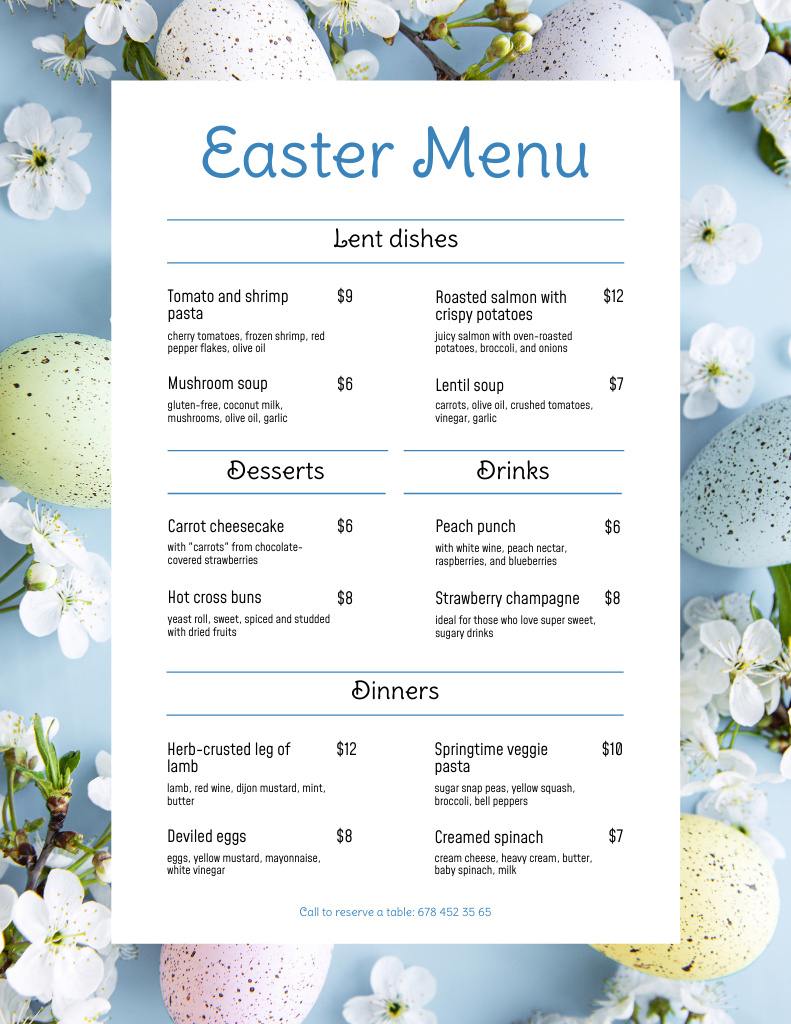 Ontwerpsjabloon van Menu 8.5x11in van Easter Dishes Offer on Background of Spring Twigs