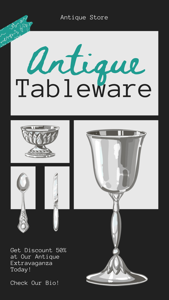 Antique Tableware And Cutlery Offer In Black Instagram Story tervezősablon