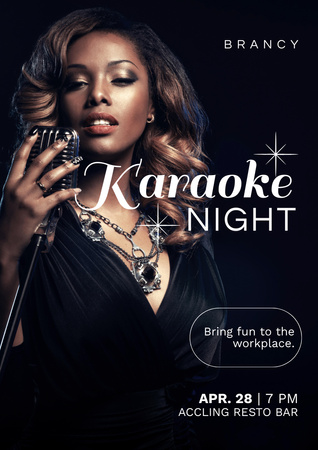 Ontwerpsjabloon van Poster A3 van Karaoke Night Announcement with Cheerful Black Woman