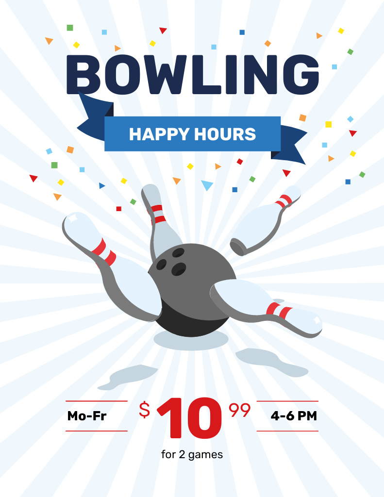 Announcement of Happy Hours in Bowling Club Flyer 8.5x11in Design Template