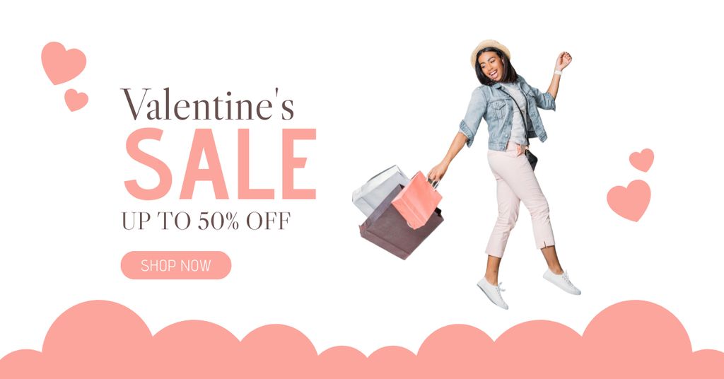 Valentine's Day Discount Announcement with Young Attractive Woman Facebook AD Design Template