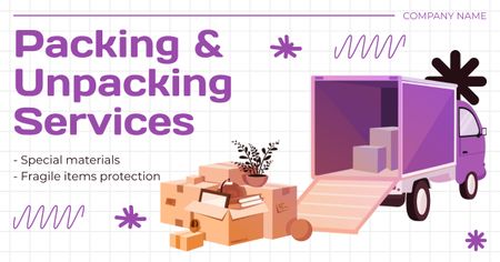 Offer of Packing and Unpacking Services with Boxes near Truck Facebook AD Design Template