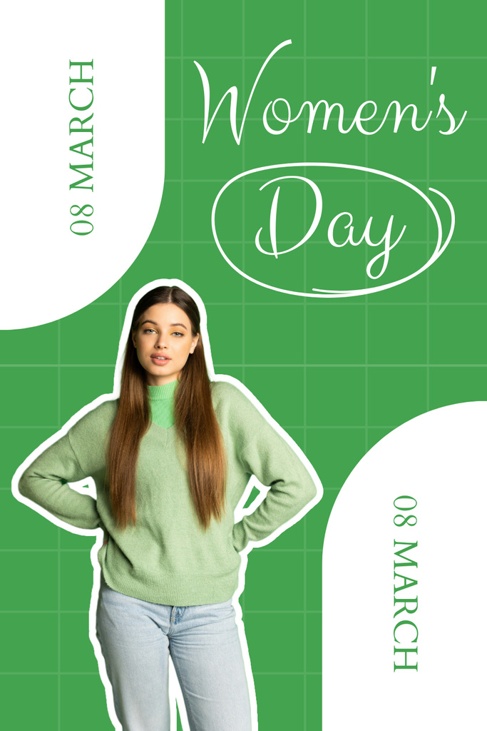 Woman in Cute Green Sweater on International Women's Day Pinterest Šablona návrhu