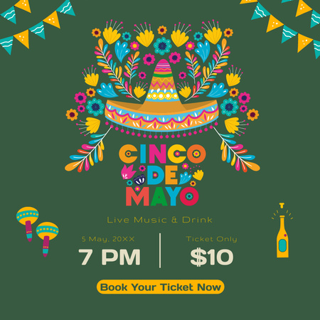 Designvorlage Ankündigung der Cinco De Mayo-Party mit Sombrero auf Grün für Instagram