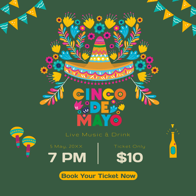 Cinco De Mayo Party Announcement with Sombrero on Green Instagram Design Template
