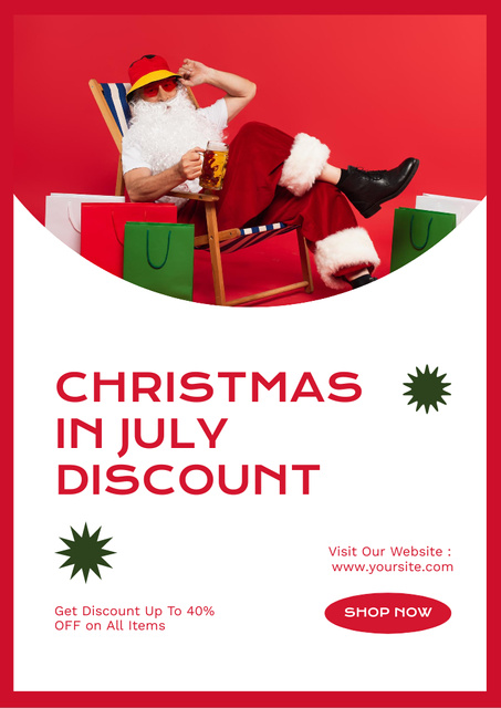 Christmas Discount in July with Merry Santa Claus with Present Flyer A4 Πρότυπο σχεδίασης